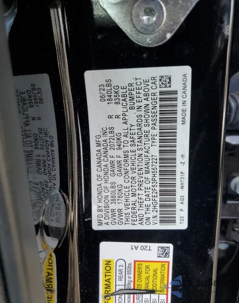 2023 Honda Civic Sport z USA, uszkodzony, nr VIN 2HGFE2F53PH557227